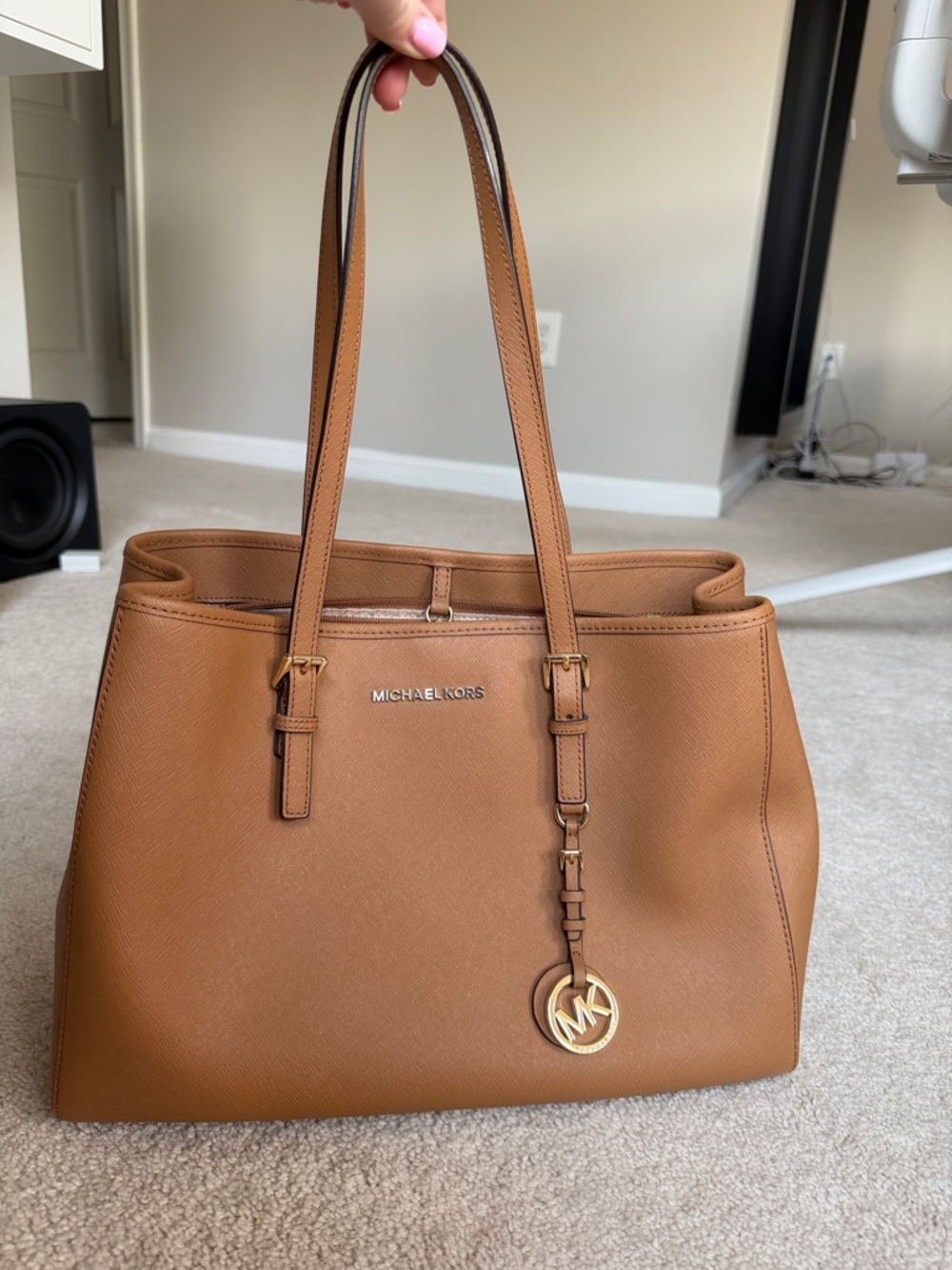 Large Michael Kors Cognac Leather Tote with Gold Accents